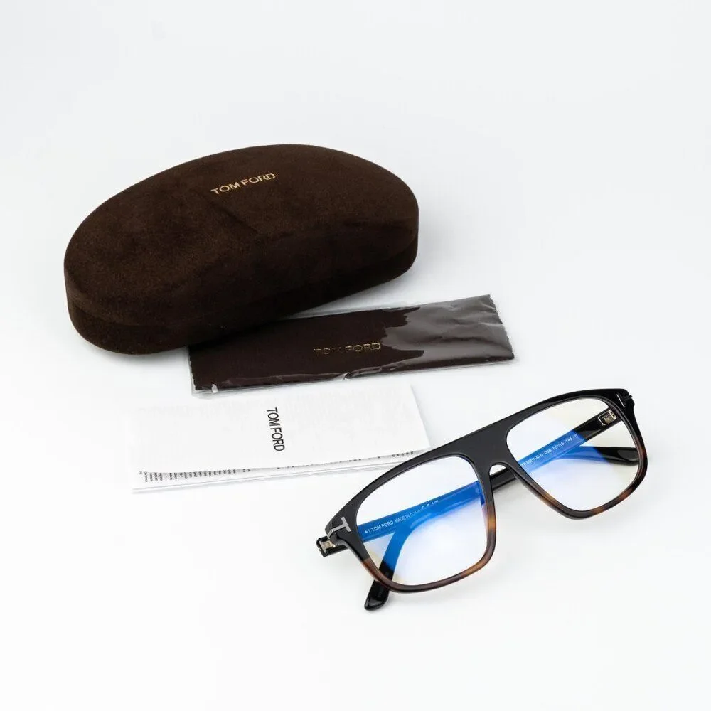 Tom Ford Women Eyeglasses Black Havana Blue Light Block Aviator FT5901-B-N 056
